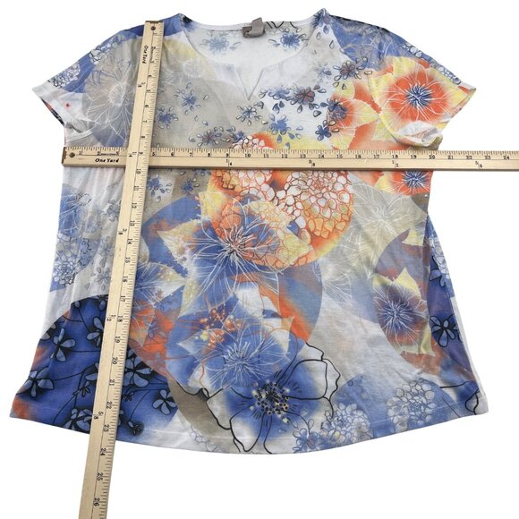 Chicos Womens Floral Print Top Size 2 Polyester Short Sleeve V-Neck - Picture 2 of 5